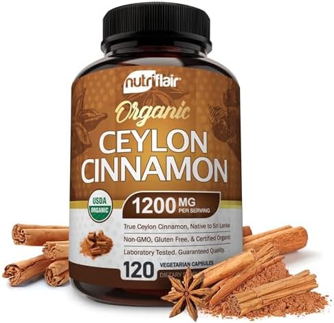 NutriFlair Organic Ceylon Cinnamon Supplement 1200mg, 120 Capsules - USDA Certified - Non-GMO, Gluten Free Powder, Antioxidant Pills