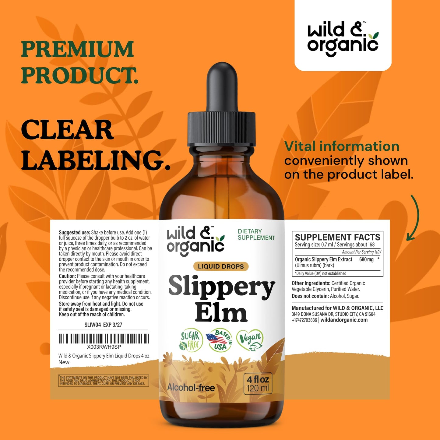 Wild & Organic Slippery Elm Liquid Drops - Lung, Digestive & Women's Support - Slippery Elm Bark Supplement - Add to Tea Tincture - Ulmus Rubra Herb - Vegan, Sugar & Alcohol-Free - 4 fl oz