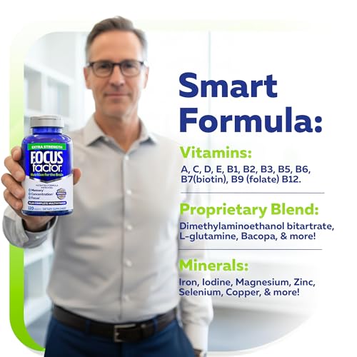 Focus Factor Adults Extra Strength, 120 Count - Brain Supplement for Memory, Concentration and Focus - Complete Multivitamin with DMAE, Vitamin D, DHA - Trusted Health Vitamins Focus FactorBuy Supplements Australia