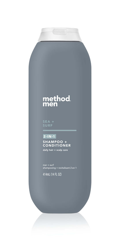 Method Men 2-in-1 Shampoo and Conditioner, Sea + Surf - Cleans and Conditions with Argan and Jojoba Oil - Made without Parabens - 14 oz