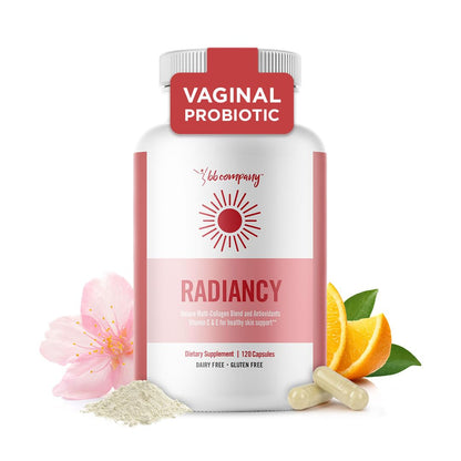 Vaginal probiotic supplement bottle with ingredients on a white background