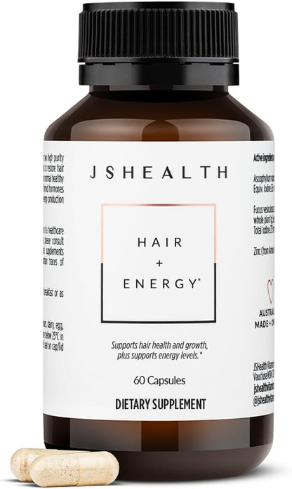 JSHealth Hair Growth Vitamins for Women. Hair + Energy with Kelp Iodine and Zinc. Supports Thickness, Strength, Energy. Nutritionist-Formulated (60 Capsules) | Hair Vitamins for Women and Men, Zinc and Iodine Hair Supplements for Hair Growth