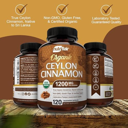 NutriFlair Organic Ceylon Cinnamon Supplement 1200mg, 120 Capsules - USDA Certified - Non-GMO, Gluten Free Powder, Antioxidant Pills