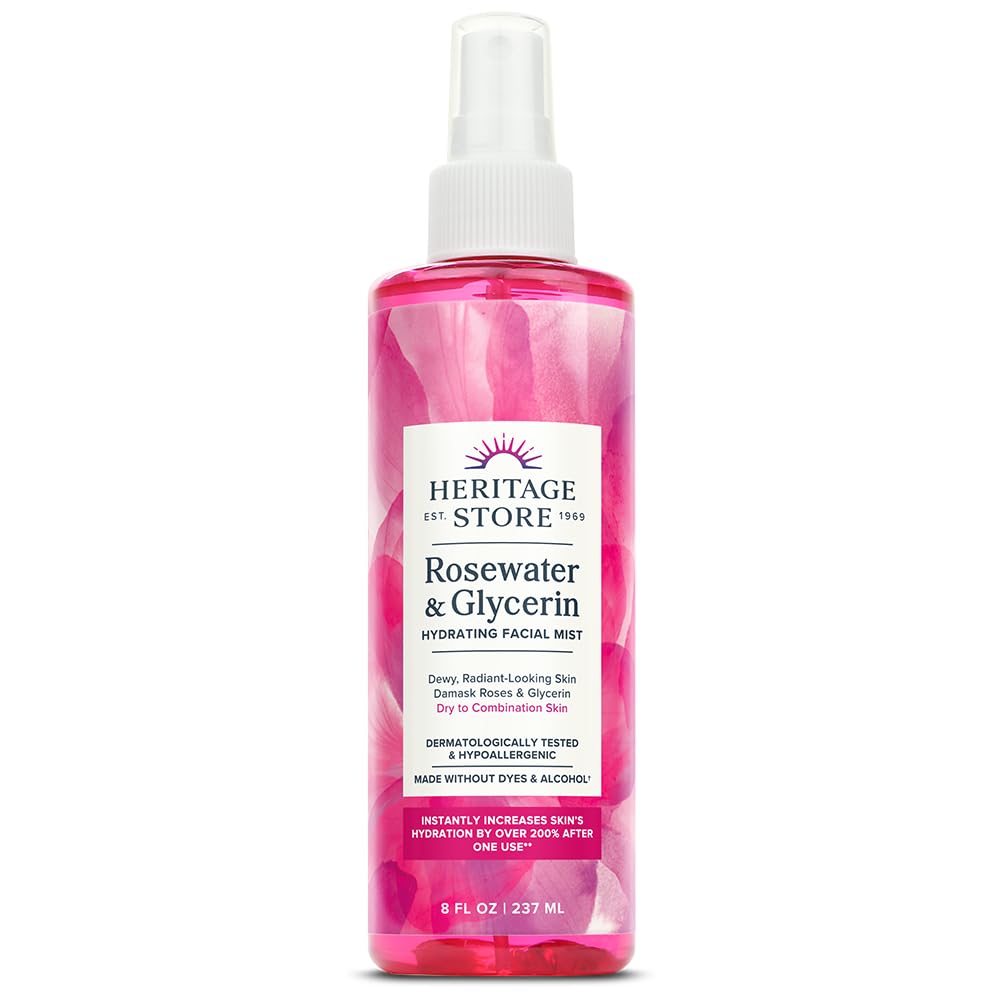 HERITAGE STORE Rosewater & Glycerin Hydrating Facial Mist - Dry Combination Skin Care - Rose Water Spray w/Vegetable Glycerine, Made Without Dyes or Alcohol, Hypoallergenic, 12 FL OZ