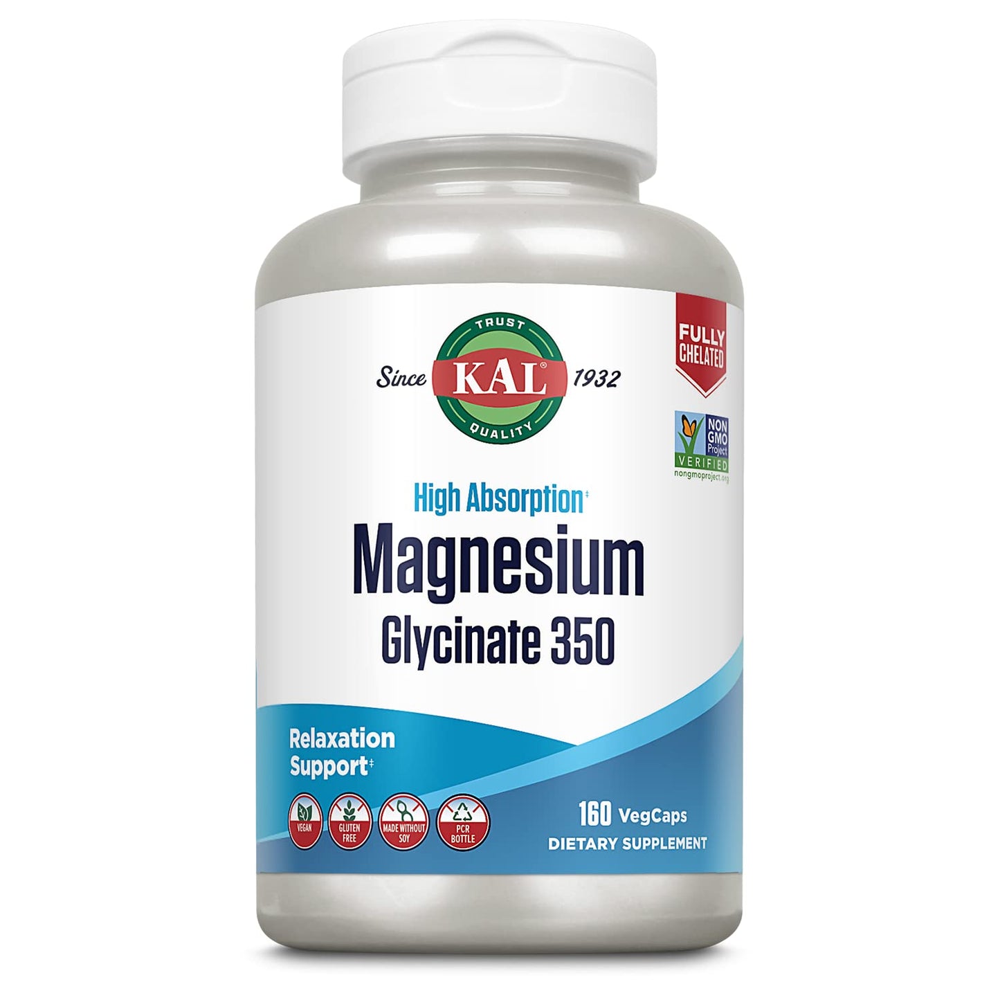 KAL Magnesium Glycinate, New & Improved Fully Chelated High Absorption Formula with BioPerine, Bisglycinate Chelate for Stress, Relaxation, Muscle & Bone Health Support, 60 Servings, 240 VegCaps