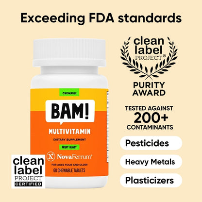 NovaFerrum BAM Chewable Multivitamin for Kids & Adults Ages 4 and Above - Fruit Blast Flavor - 60 Chewable Tablets - with Vitamins A, C, D, E, B6, B12, Biotin, Zinc, Selenium & Manganese