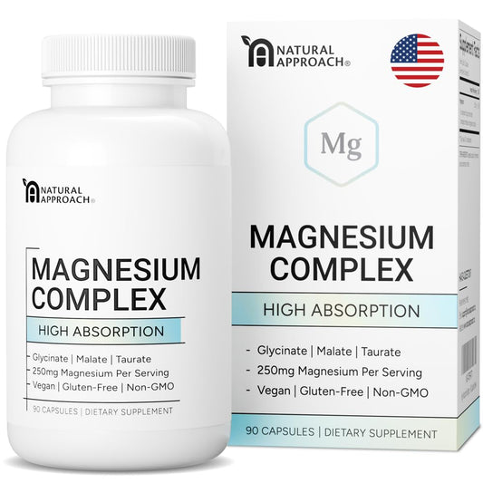 Supplement bottle and packaging of Magnesium Complex with 'Natural Approach' branding.