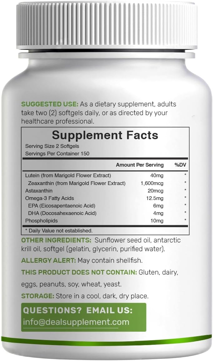 Lutein and Zeaxanthin Supplements, 40mg Per Serving, 300 Softgels – Plus Astaxanthin, Omega-3s, & Phospholipids – Non-GMO