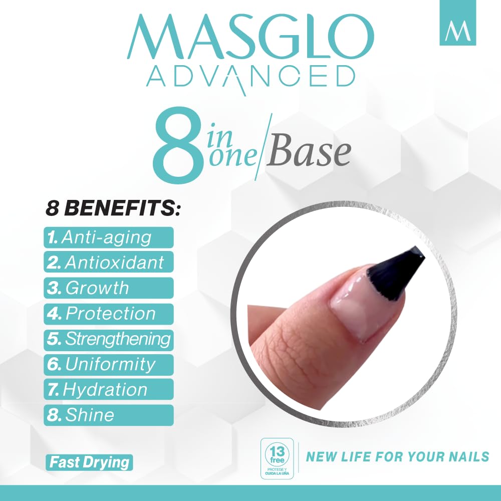 MASGLO 8-in-1 Nail Regenerator Base, Anti-Aging Strengthening Treatment, Hydrating Keratin Booster with Celery Seed Actives, Antioxidant Vitamin E,