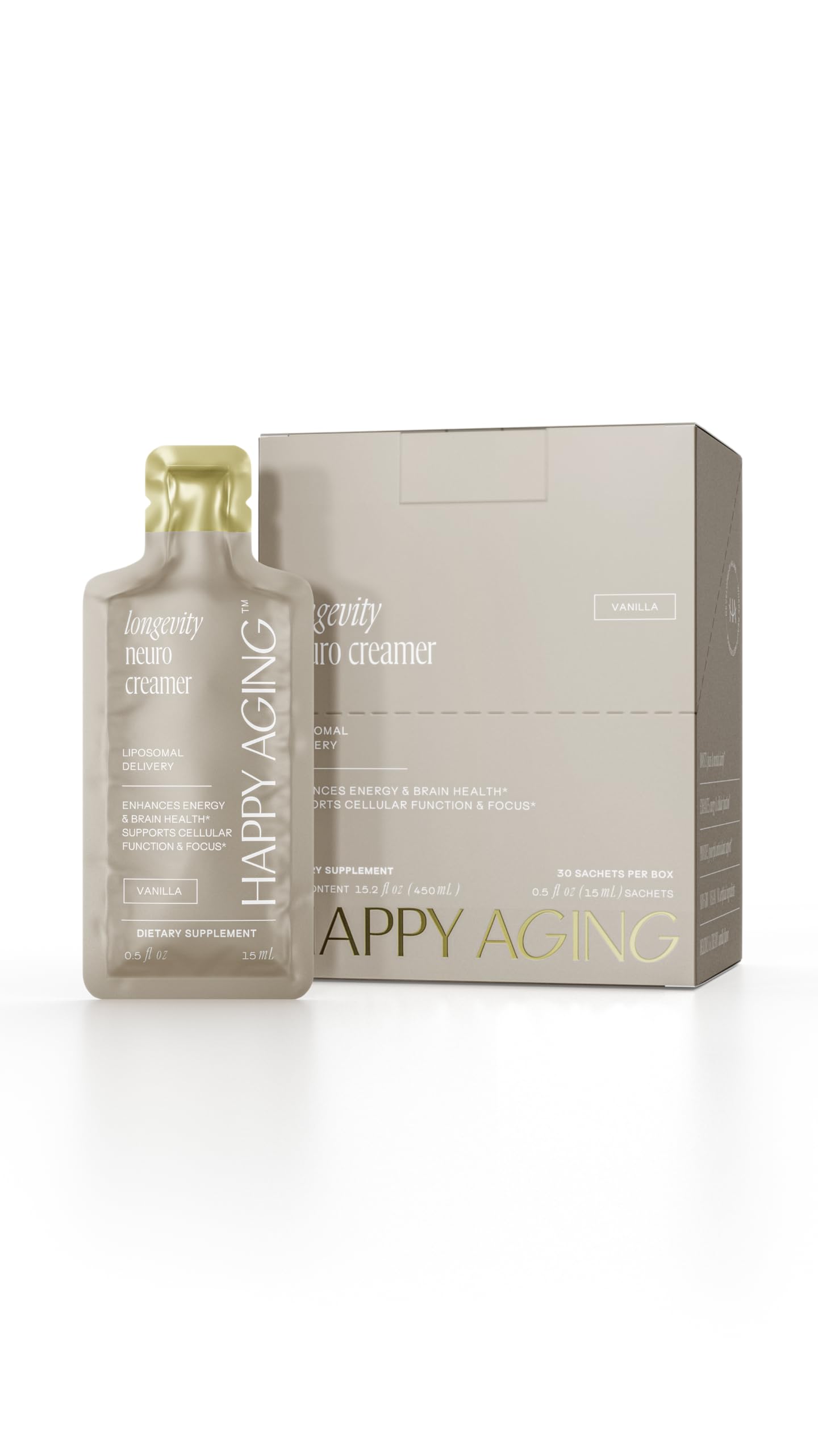 Happy Aging Liposomal Nootropic Coffee Creamer | 200mg L-Theanine, 200mg L-Tyrosine, 135mg Magnesium, 2.5g MCT Oil | Brain Focus & Energy | 30 Liquid Sachets | Vanilla & Chocolate | Vegan Keto