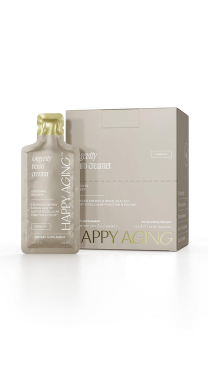 Happy Aging Liposomal Nootropic Coffee Creamer | 200mg L-Theanine, 200mg L-Tyrosine, 135mg Magnesium, 2.5g MCT Oil | Brain Focus & Energy | 30 Liquid Sachets | Vanilla & Chocolate | Vegan Keto