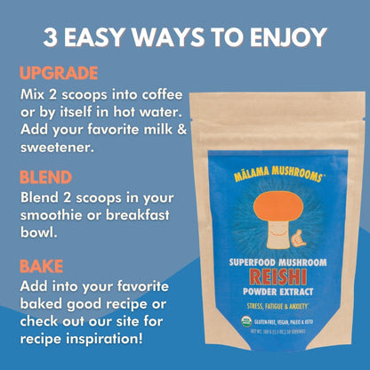 Malama All-Day Vitality Bundle – Lion’s Mane, Cordyceps & Reishi Mushroom Extract Powders – Organic Adaptogenic Superfood Trio for Focus, Energy & Relaxation – Vegan Supplements 3.5 oz (3-Pack)
