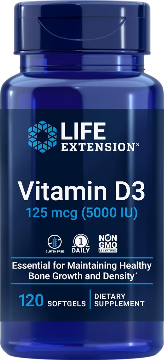 Life Extension Vitamin D3 5000 IU, 120 Softgels, 125mcg | 1 per day formula, Non-GMO and Gluten Free
