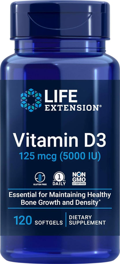 Life Extension Vitamin D3 5000 IU, 120 Softgels, 125mcg | 1 per day formula, Non-GMO and Gluten Free