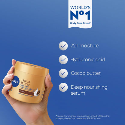 NIVEA Cocoa Butter Body Cream with Deep Nourishing Serum, Cocoa Butter Cream for Dry Skin, 16 Ounce Jar