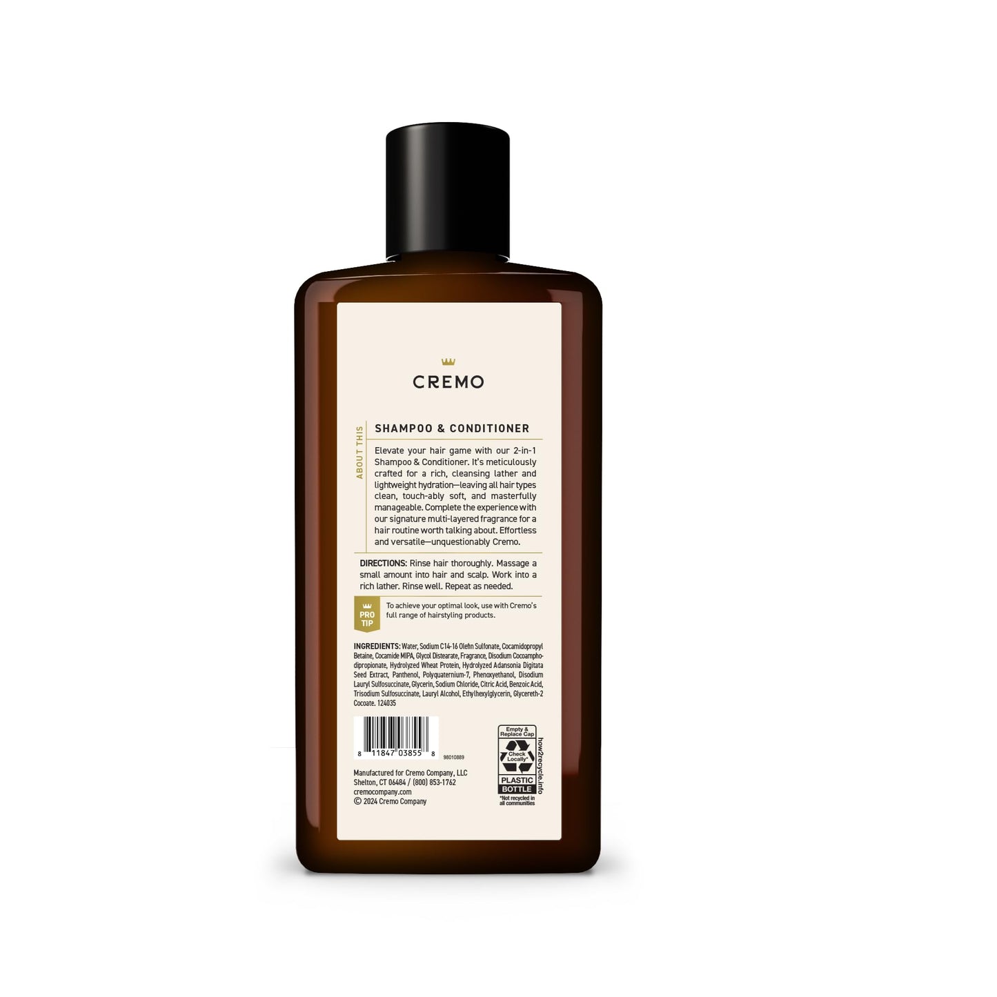 Cremo Italian Bergamot 2 in 1 Shampoo & Conditioner for Men, Notes of Italian Bergamot, Neroli Blossom, and Fresh Vetiver, 16 Fl Oz