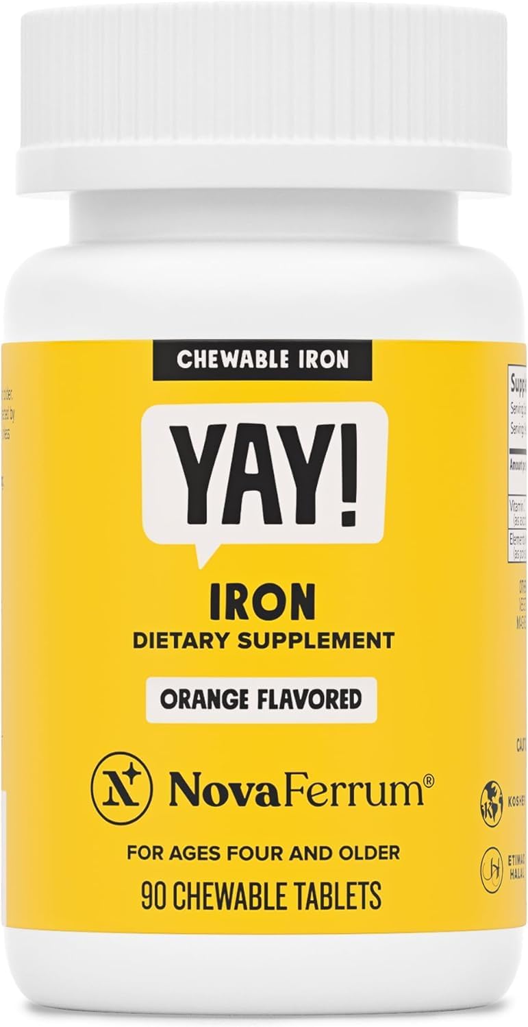 NovaFerrum Yay | Chewable Iron Supplement for Kids & Adults Ages 4 and Over | 18mg of Iron | 90 Servings | Sugar Free | Vegan | Gluten Free | Orange Flavor | For Ages 4+ | Sugar Free, Vegan, Gluten Free Certified | Orange Flavor | 90 Servings