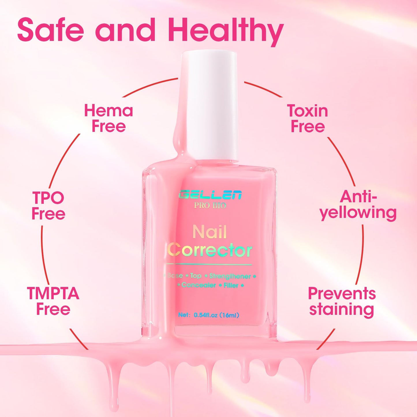 GELLEN PRO BIO Nail Strengthener and Growth, Clear Tinted Pink 5-In-1 One Stop Nail Polish Corrector Treatment | Fortify, Hydrate, Conceal, Smooth, Repair for Damaged, Dry, Uneven, Yellow Nails