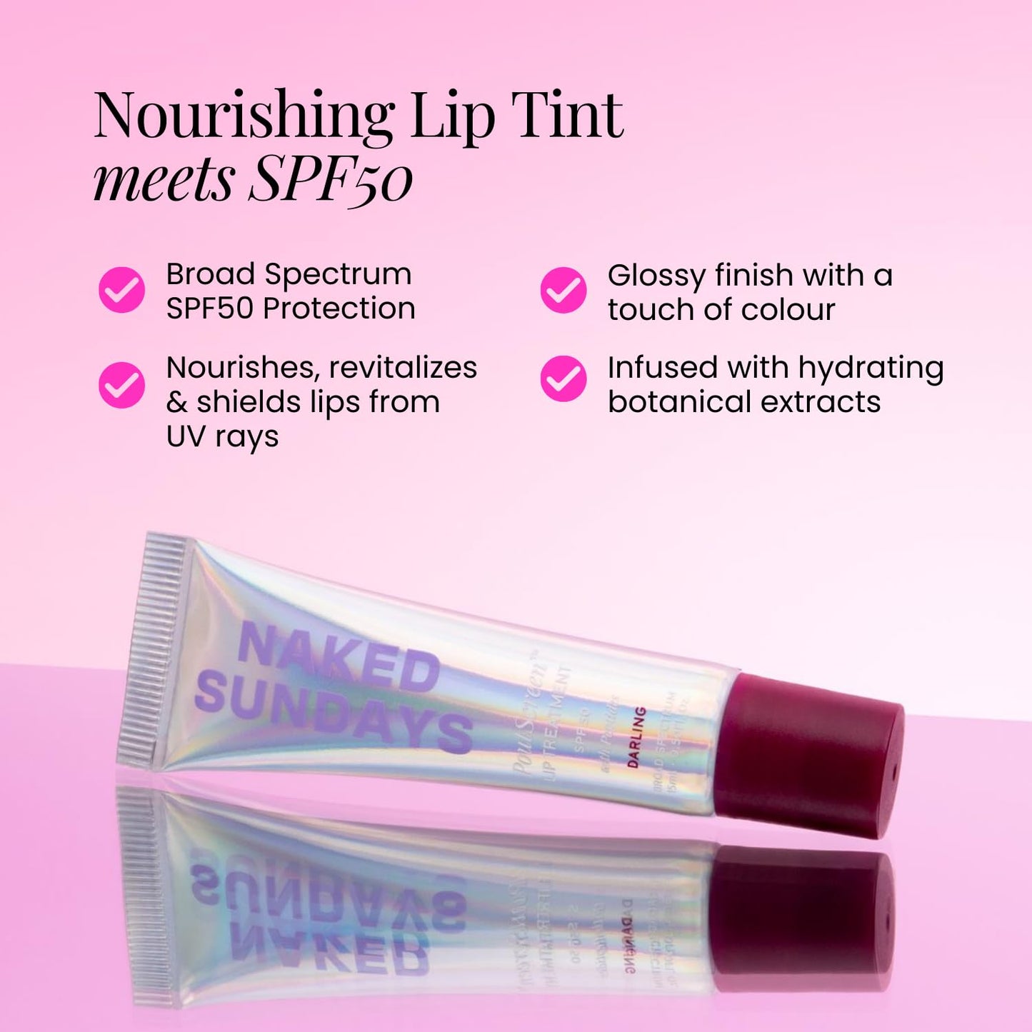 Naked Sundays SPF 50 Tinted Lip Treatment with Sun Protection — Hydrating Lip Balm with Peptides, Polyglutamic Acid & High-Gloss Finish, Broad Spectrum UVA/UVB, Vegan, Non-Sticky - 15ml (Darling)