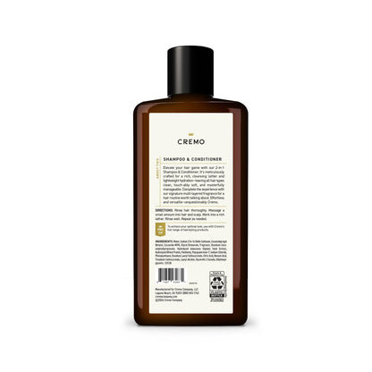 Cremo Bourbon & Oak 2-in-1 Shampoo & Conditioner, Barber Grade Quality That Moisturizes and Cleanses All Hair Types, 16 Fl Oz