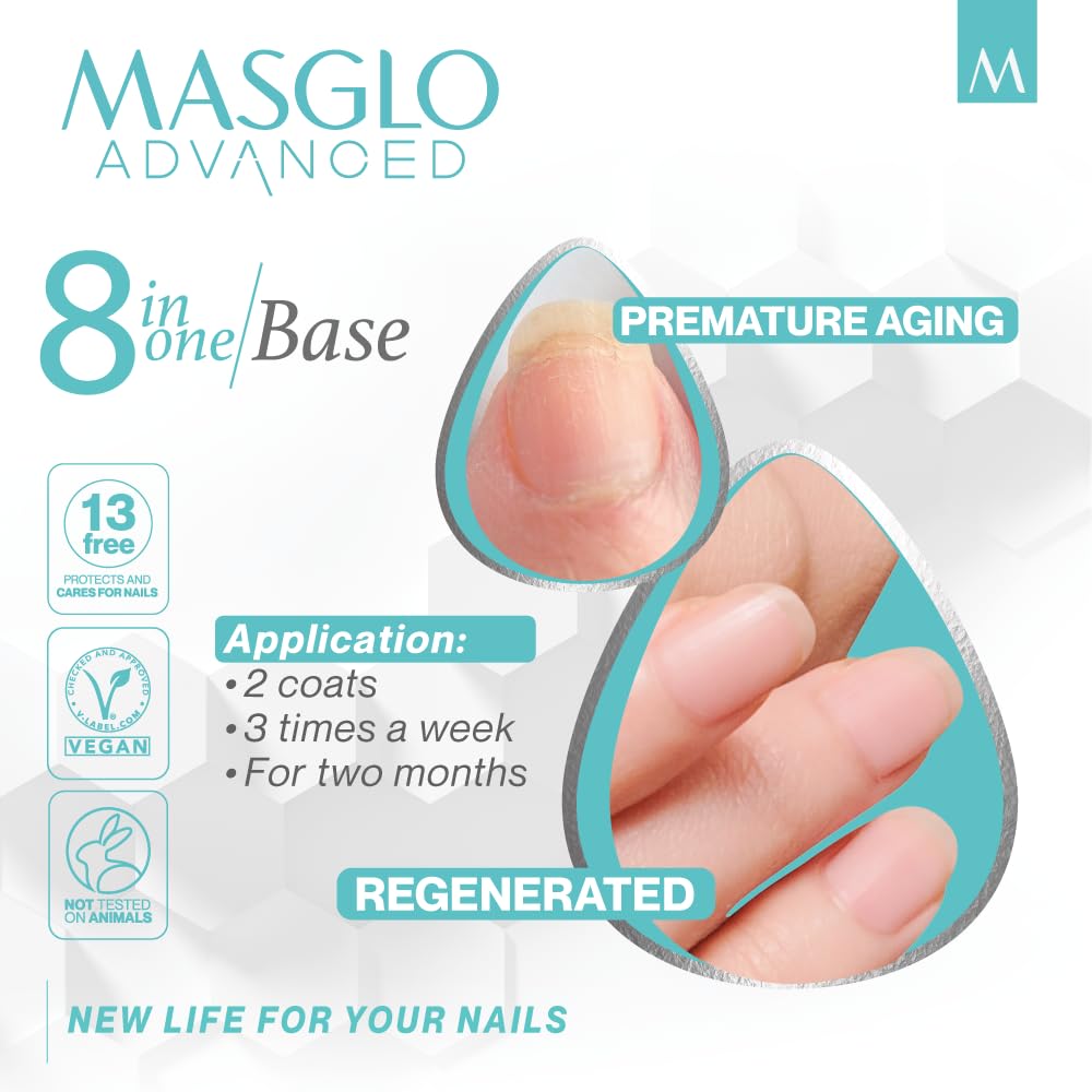 MASGLO 8-in-1 Nail Regenerator Base, Anti-Aging Strengthening Treatment, Hydrating Keratin Booster with Celery Seed Actives, Antioxidant Vitamin E,