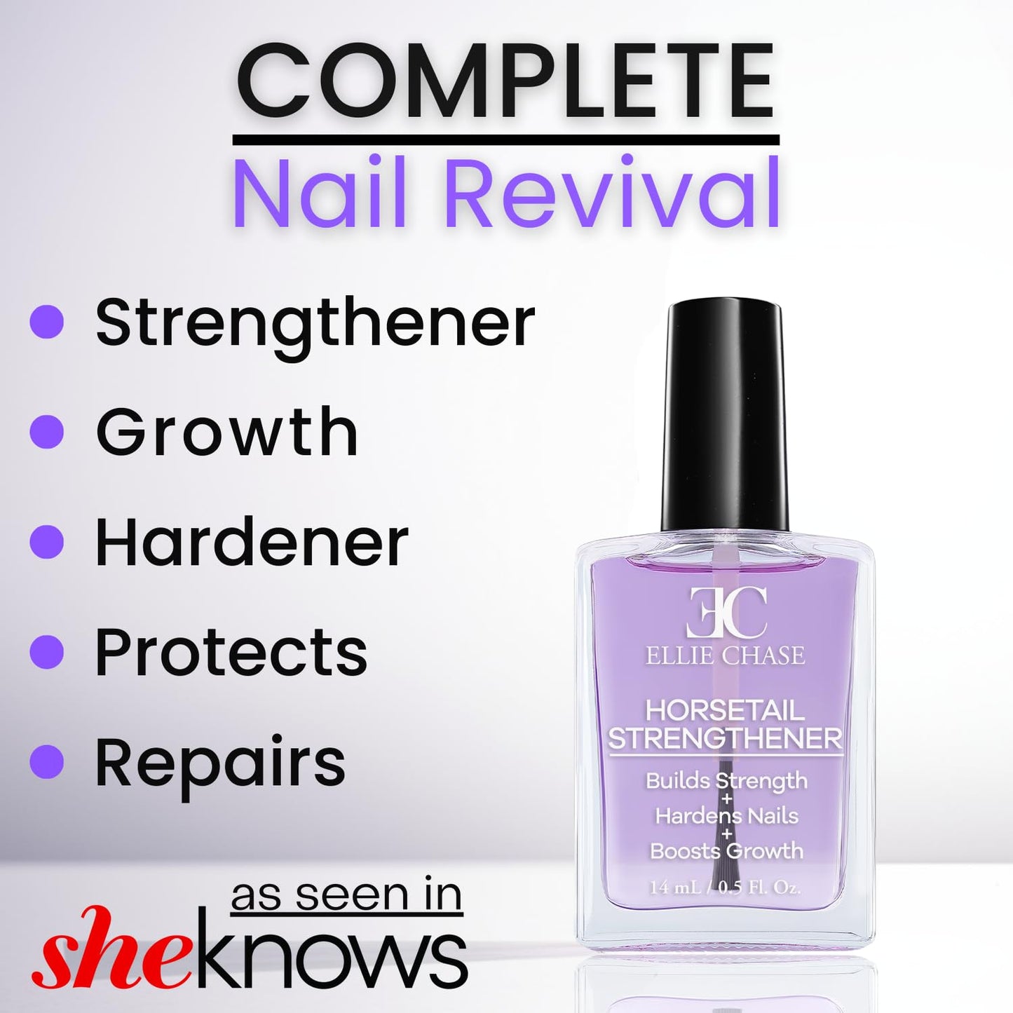 Ellie Chase Horsetail Nail Strengthener, Growth, Hardener, Repair Treatment Polish 0.5 OZ/Help Splits, Breaks, Thin, Weak, Chipped, Damaged, Cracked,