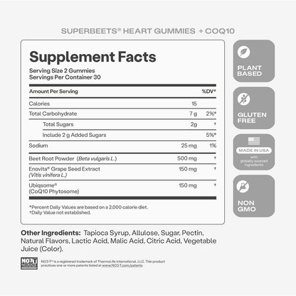 Humann SuperBeets 3-in-1 Heart Gummies - 3x Absorption CoQ10 - Plus Beetroot Extract & Grape Seed Extract for Advanced Heart Health, Cellular Energy & Circulation Support, Vegan, Gluten Free, 60 count