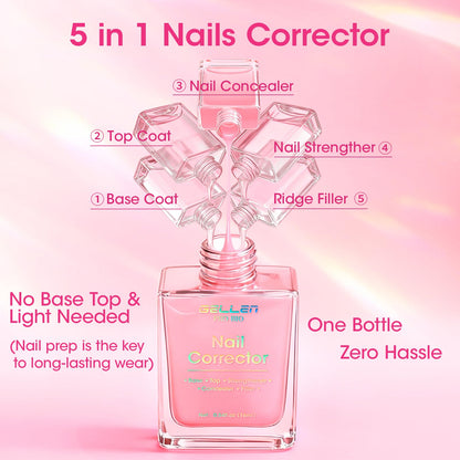 GELLEN PRO BIO Nail Strengthener and Growth, Clear Tinted Pink 5-In-1 One Stop Nail Polish Corrector Treatment | Fortify, Hydrate, Conceal, Smooth, Repair for Damaged, Dry, Uneven, Yellow Nails
