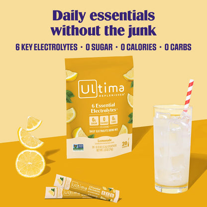 Ultima Replenisher Electrolyte Powder Drink Mix Bundle – Sugar Free – Lemonade, 90 Serving Canister and 20 Stickpacks – 6 Electrolytes and Minerals – Keto Friendly, Vegan, Non-GMO