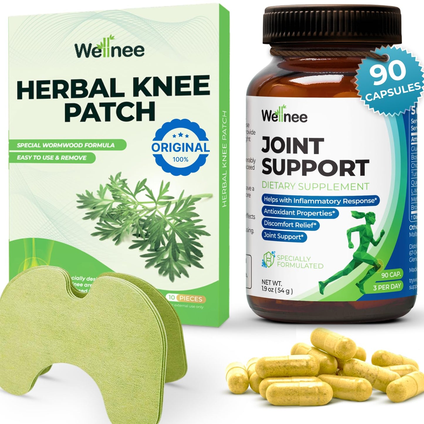 Wellnee Knee & Joint Wellness Bundle – Herbal Patches (10 pcs) & Support Capsules (90 servings)