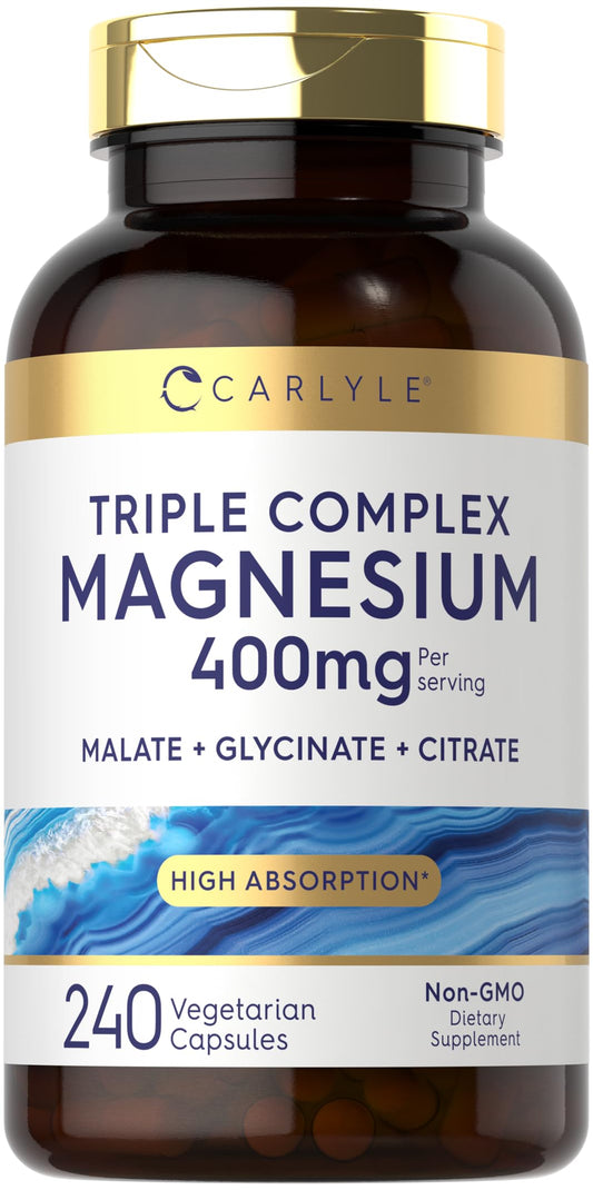 Supplement bottle labeled 'Triple Complex Magnesium 400mg' by Carlyle on a white background.