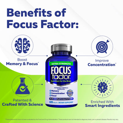 Focus Factor Adults Extra Strength, 120 Count - Brain Supplement for Memory, Concentration and Focus - Complete Multivitamin with DMAE, Vitamin D, DHA - Trusted Health Vitamins Focus FactorBuy Supplements Australia