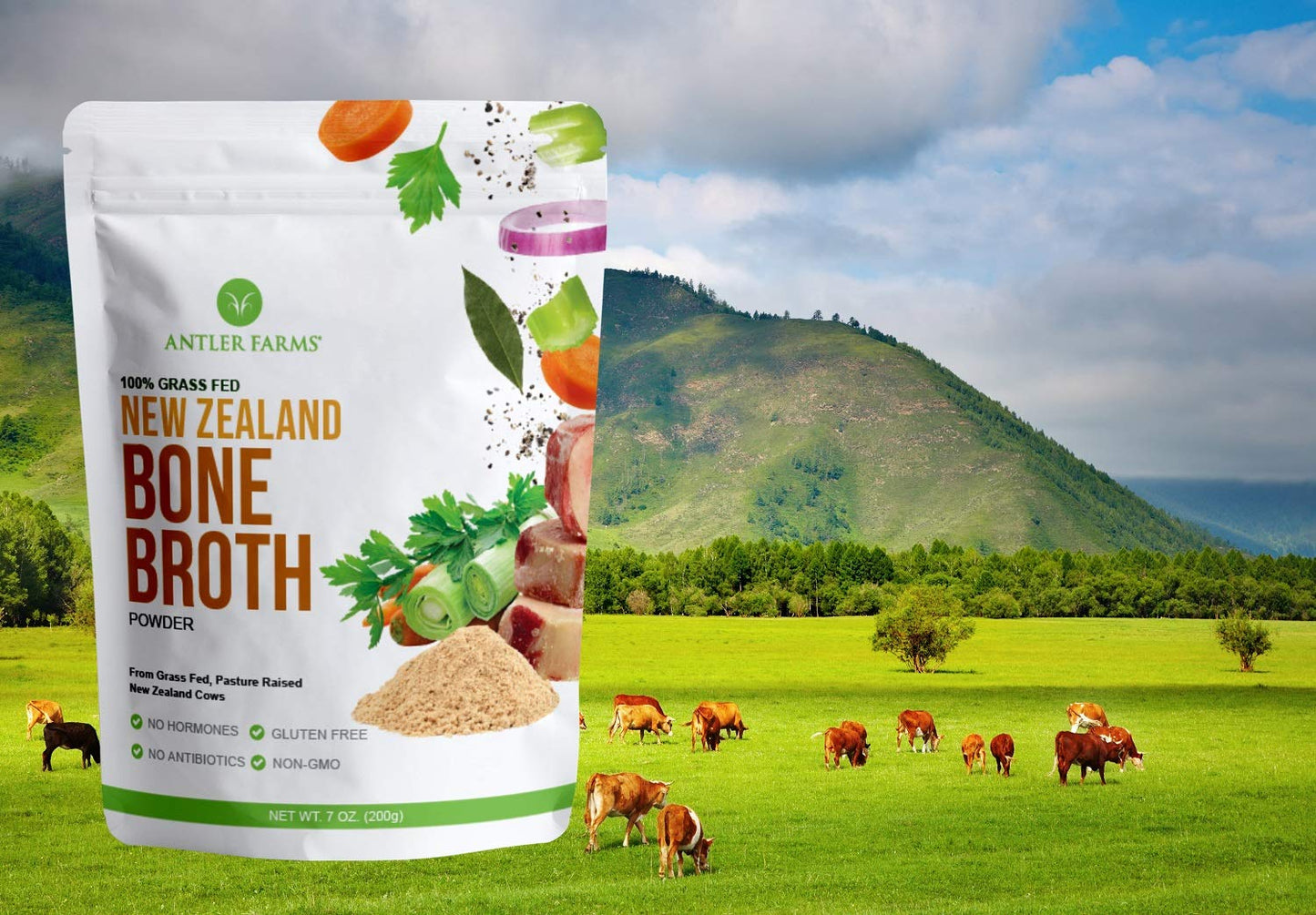 Antler Farms - 100% Grass Fed New Zealand Bone Broth Powder, 40 Servings, 200g - Slow Cooked, Gently Dried, Delicious Flavor, No Hormones, Antibiotics, & GMOs | 100% Pure Beef Bone Broth Powder for Humans, Slow Cooked, Gently Dried, Light Flavor, No Hormo