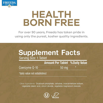 FREEDA CoQ10 50mg Vegan Coenzyme Q10 Supplement - 50 Count | Vegan Coq10 Supplement with 50mg Pure Ubiquinone to Support Cardiovascular Wellness, Healthy Aging, Gum Health