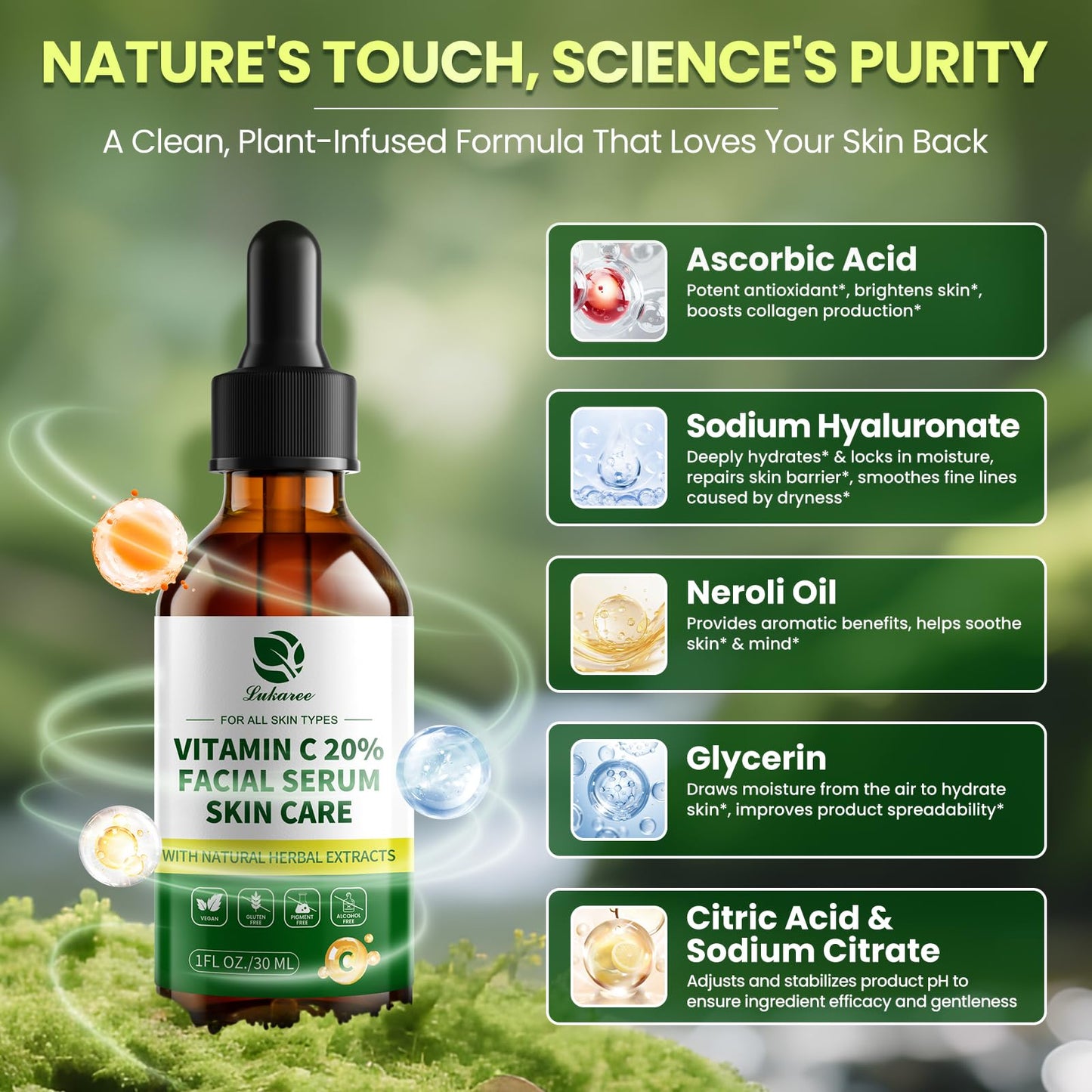 Lukaree Vitamin C Serum for Face, Dark Spots, Fine Lines & Support Collagen | Vitamin C Serum 20% Brightening Face Serum with Sodium Hyaluronate - All Skin Types, Plus Vit C Caps, 1 Fl Oz + 60 Caps