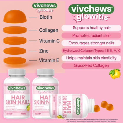 vivchews Glowitis Hair, Skin & Nails Gummies for Thick Hair, Strong Nails & Healthy Skin with Hydrolyzed Multi-Collagen Peptides, Biotin, Zinc, Vitamins C & E