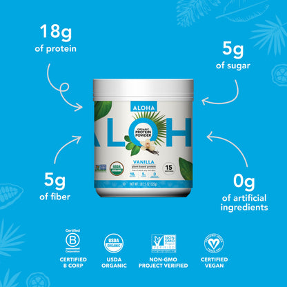 ALOHA Organic Plant Based Protein Powder, Stevia Free, Vanilla, 19.6 oz, 15 Servings PACKAGING MAY VARY