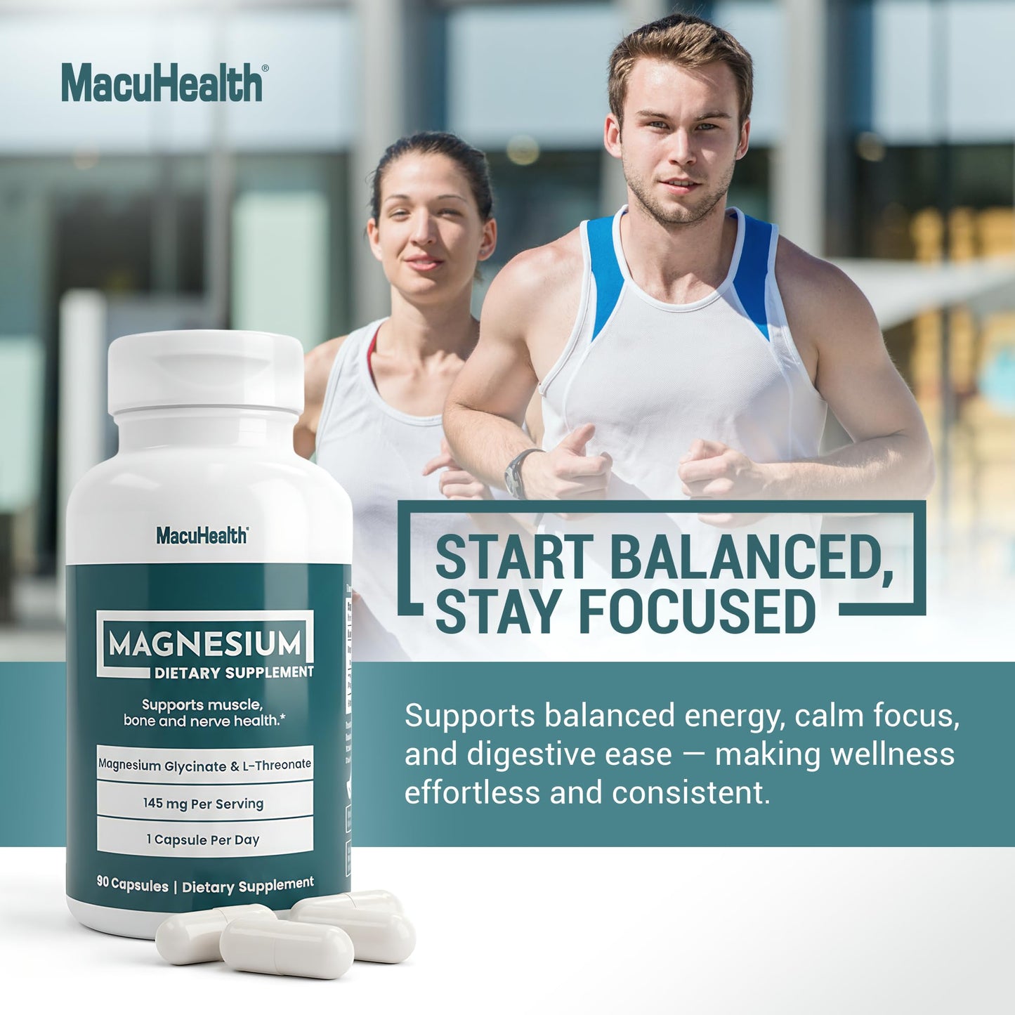 MacuHealth Magnesium Glycinate & L-Threonate 145mg - 90 Capsules - Highly Absorbable Magnesium for Energy, Calm & Focus - Gentle on Stomach, Vegan, Non-GMO - Premium Chelated Magnesium Supplement MacuhealthBuy Supplements Australia