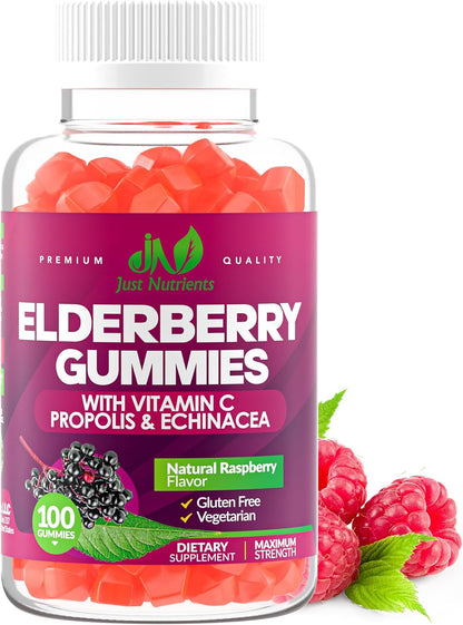 Elderberry 200mg Gummies with Vitamin C, Echinacea, Propolis (100 count) | Immune Support for Adults & Kids - Maximum Strength, Great Tasting Raspberry Flavor - Gluten-Free, Vegan