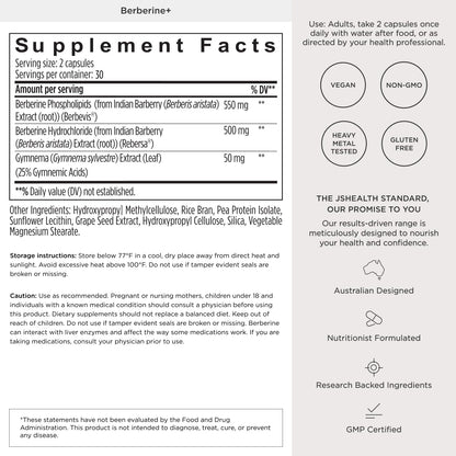 JSHealth Berberine Supplement with Berbevis for Metabolic Health Support. Higher Strength for Blood Sugar Already in the Normal Range and Body Composition. By Nutritionist Jessica Sepel (60 Capsules)