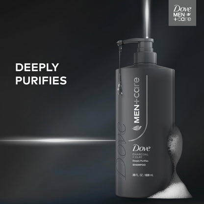 DOVE MEN + CARE Shampoo 1 count Charcoal + Clay for Real Hair that Powers Up Hair Strength, with Deep Purifying Benefits, 28 Fl oz