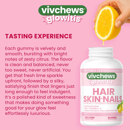 vivchews Glowitis Hair, Skin & Nails Gummies for Thick Hair, Strong Nails & Healthy Skin with Hydrolyzed Multi-Collagen Peptides, Biotin, Zinc, Vitamins C & E