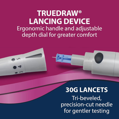 TRUEplus Lancets Bundle (30G), 200 Lancets, Lancing Device, Log Book | Blood Glucose Testing Supplies for Home Use, Includes 200 Sterile 30G Lancets (2 x 100ct), Lancing Device, Log Book