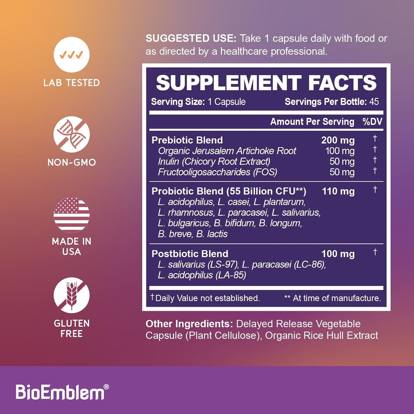 BioEmblem Probiotics for Women & Men – 55 Billion CFU | 11 Strains with Prebiotics & Postbiotics | Jerusalem Artichoke & Inulin | Digestive & Immune Support, Nutrient Absorption | Non-GMO,45 Capsules