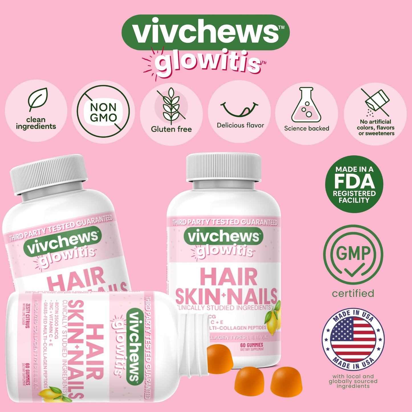 vivchews Glowitis Hair, Skin & Nails Gummies for Thick Hair, Strong Nails & Healthy Skin with Hydrolyzed Multi-Collagen Peptides, Biotin, Zinc, Vitamins C & E