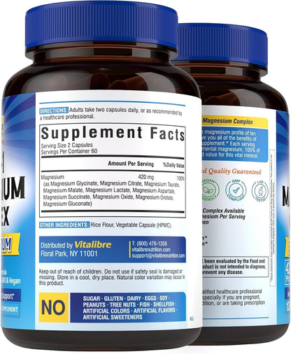 Vitalibre 10 in 1 Magnesium Complex, 420mg Elemental Magnesium 120 Capsules | Ultra Strength, Max Absorption | Chelated Magnesium Supplement for Women Men Nerves, Bone & Heart Health | Non-GMO