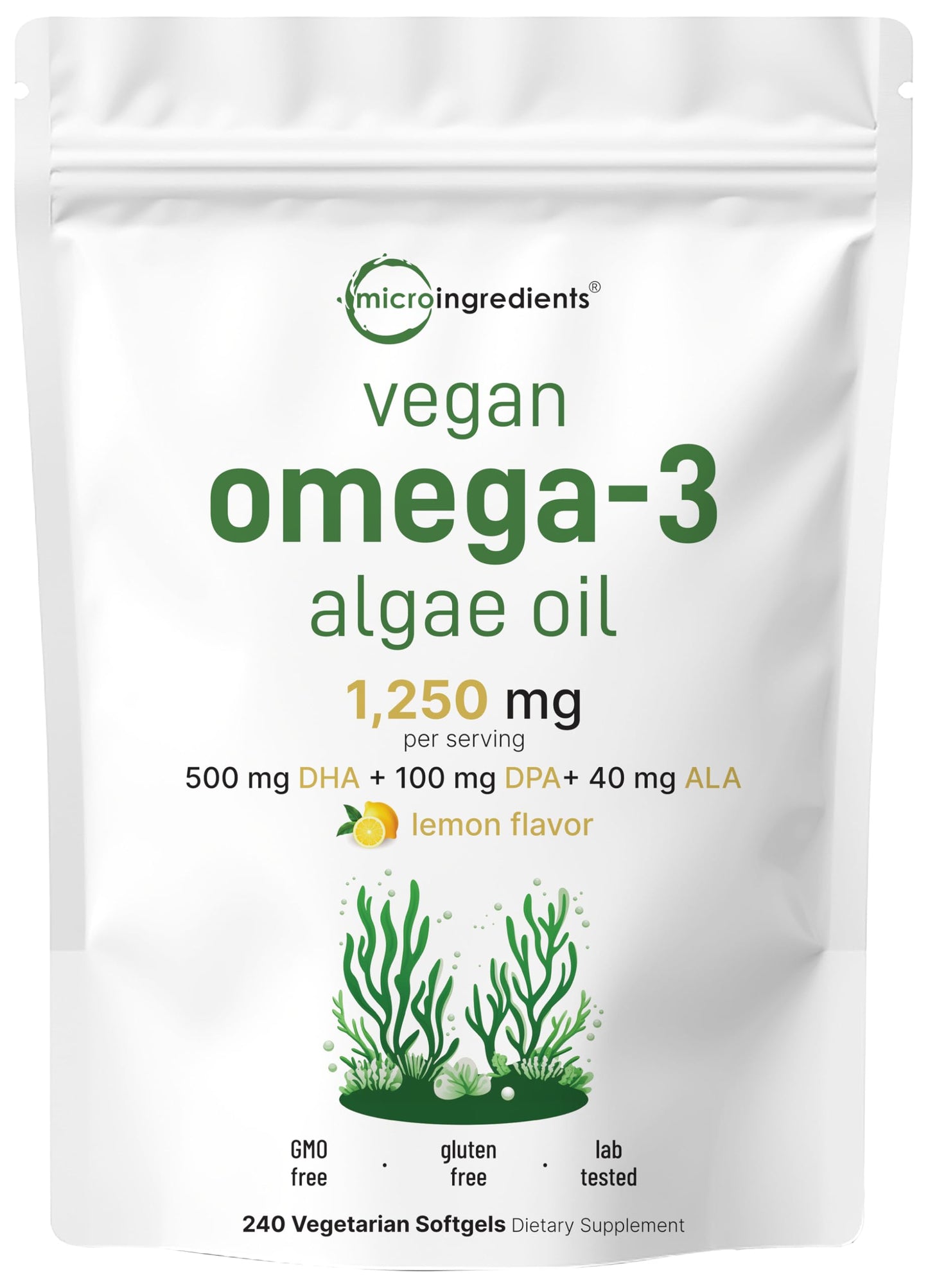 Micro Ingredients Vegan Omega 3 Algae Oil, 240 Veggie Softgels | Fish Oil Alternative | DHA 500mg & DPA 100mg | Carrageenan Free | Plant-Based Omega 3