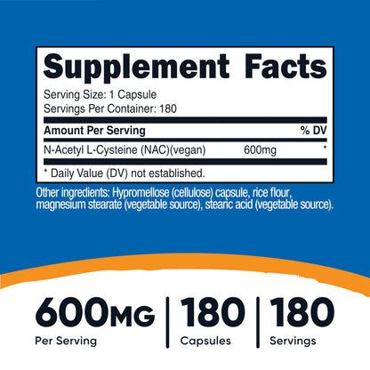 Nutricost N-Acetyl L-Cysteine (NAC) 600mg, 180 Capsules - Non-GMO, Gluten Free
