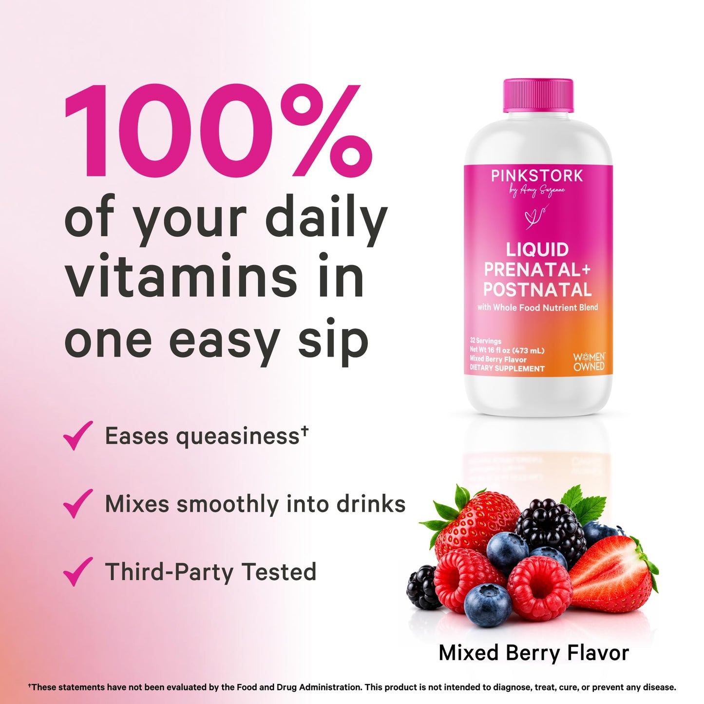 Pink Stork Liquid Prenatal Vitamins for Women – Berry, 32 Servings | Doctor Formulated, Organic Whole-Food Blend, Methylated Folate, Sugar-Free, Fertility to Postpartum, Breastfeeding Friendly