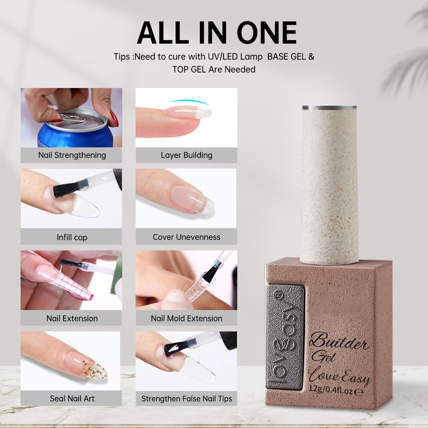 Love easy Clear Builder Gel for Nails, Soft Polish Thickness Strengthener Extender Apex Fast Leveling 28+ Days Chip Resistance Hypoallergenic & Odorless for Thin Weak (U V Nail Lamp Needed, pH 6.8)